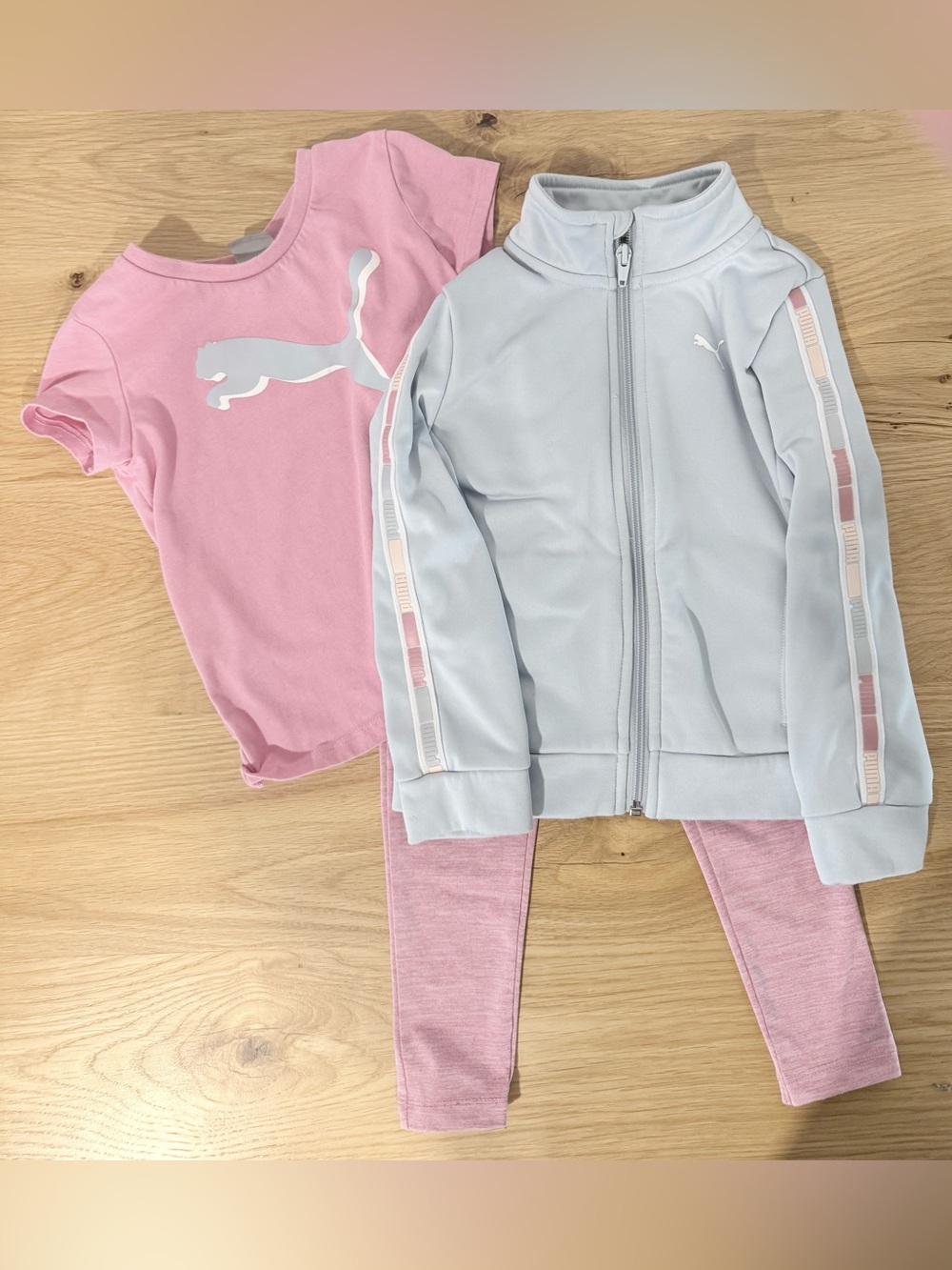 Puma Girls Pink Tee with Light Blue Zip Track Jacket and Pink Leggings Set